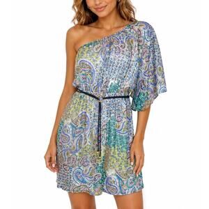 L Susie Rose Colorful Paisley Print One Shoulder Elastic Waist Belted Boho Dress